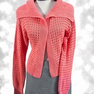 Y2K Soft Girl Pink Open Knit Cardigan With Relaxed Collar